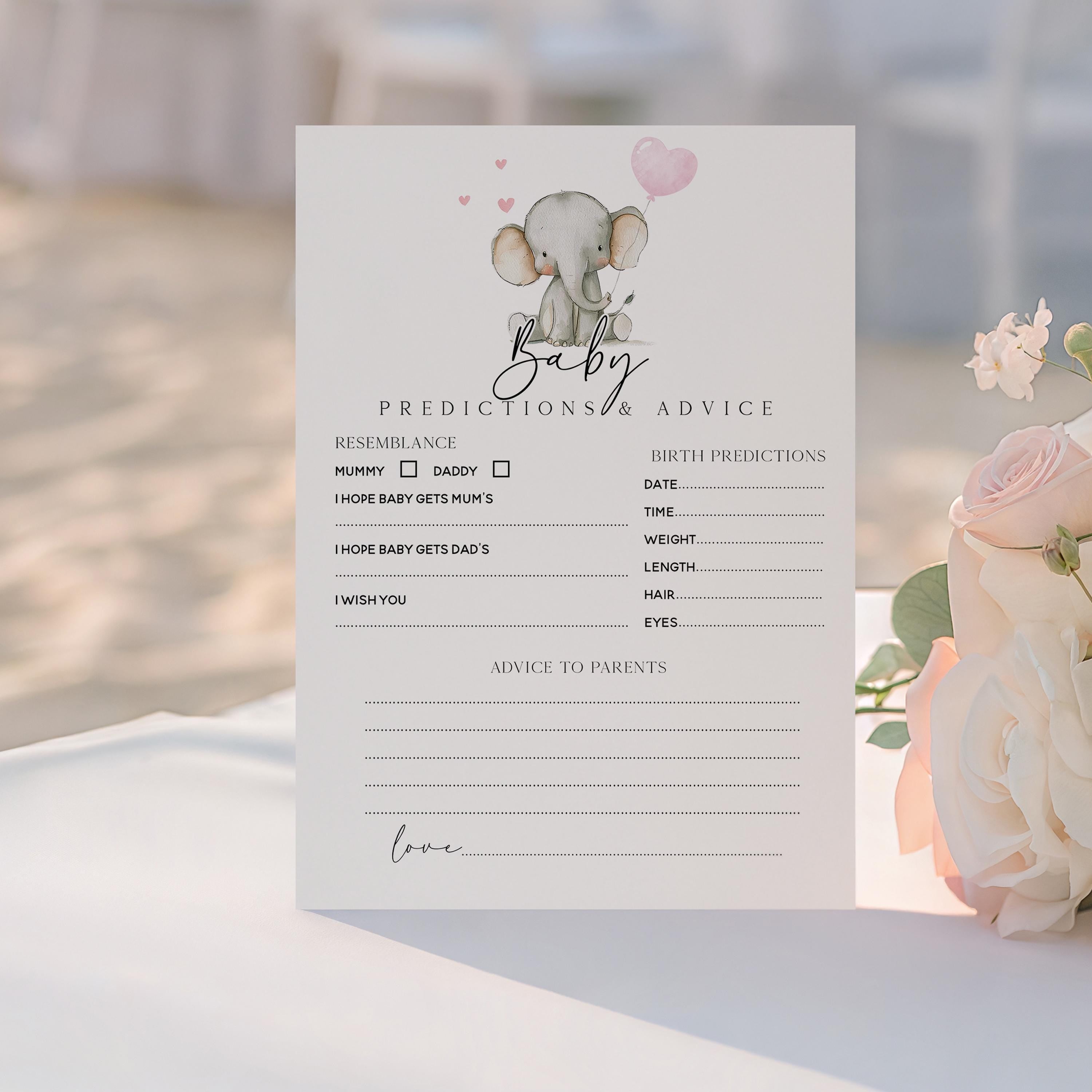 Handmade Baby Shower Prediction/Advice Cards- Pink Elephant Theme