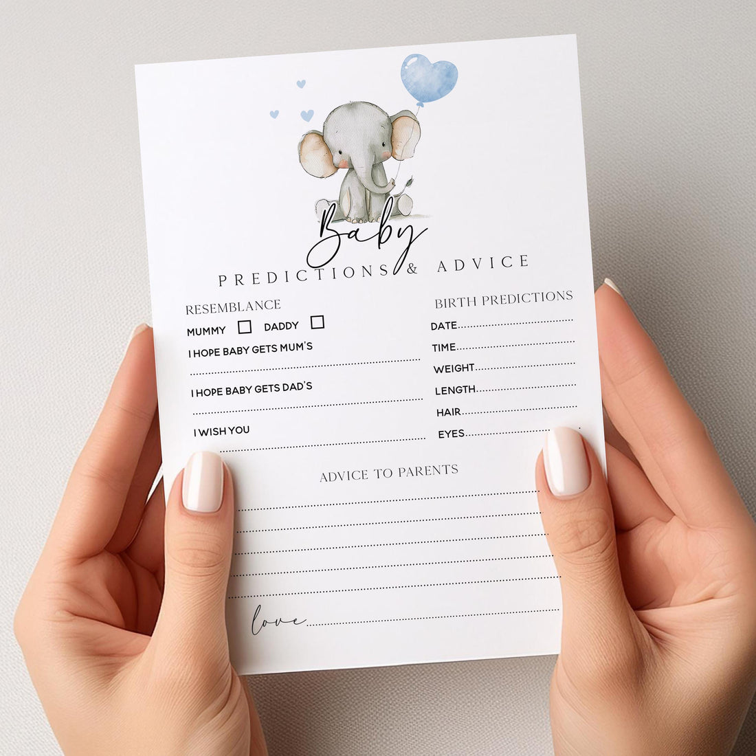 Handmade Baby Shower Prediction/Advice Cards- Blue Elephant Theme-New Mum To Be-/Keepsake-Custom Baby Shower Cards-Baby Shower Games