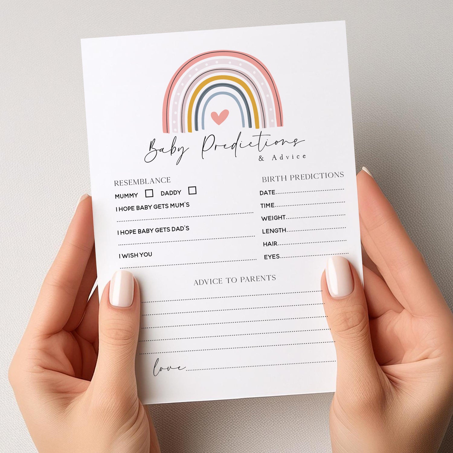 Baby Prediction Cards- Advice To Parents Cards Pink Rainbow Theme-Baby Shower Games- New Mum To Be- Custom Baby Shower Cards- Handmade