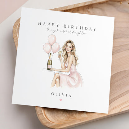 Personalised Birthday Card, Handmade, Daughter, Granddaughter, Sister, Niece Birthday, For Her, Pink Balloons Blonde