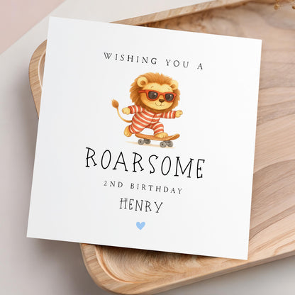 Personalised Boys Birthday Card, Skateboarding Lion In Pyjamas, Leave Any Name and Age, Birthday For Son, Nephew, Grandson, Friend