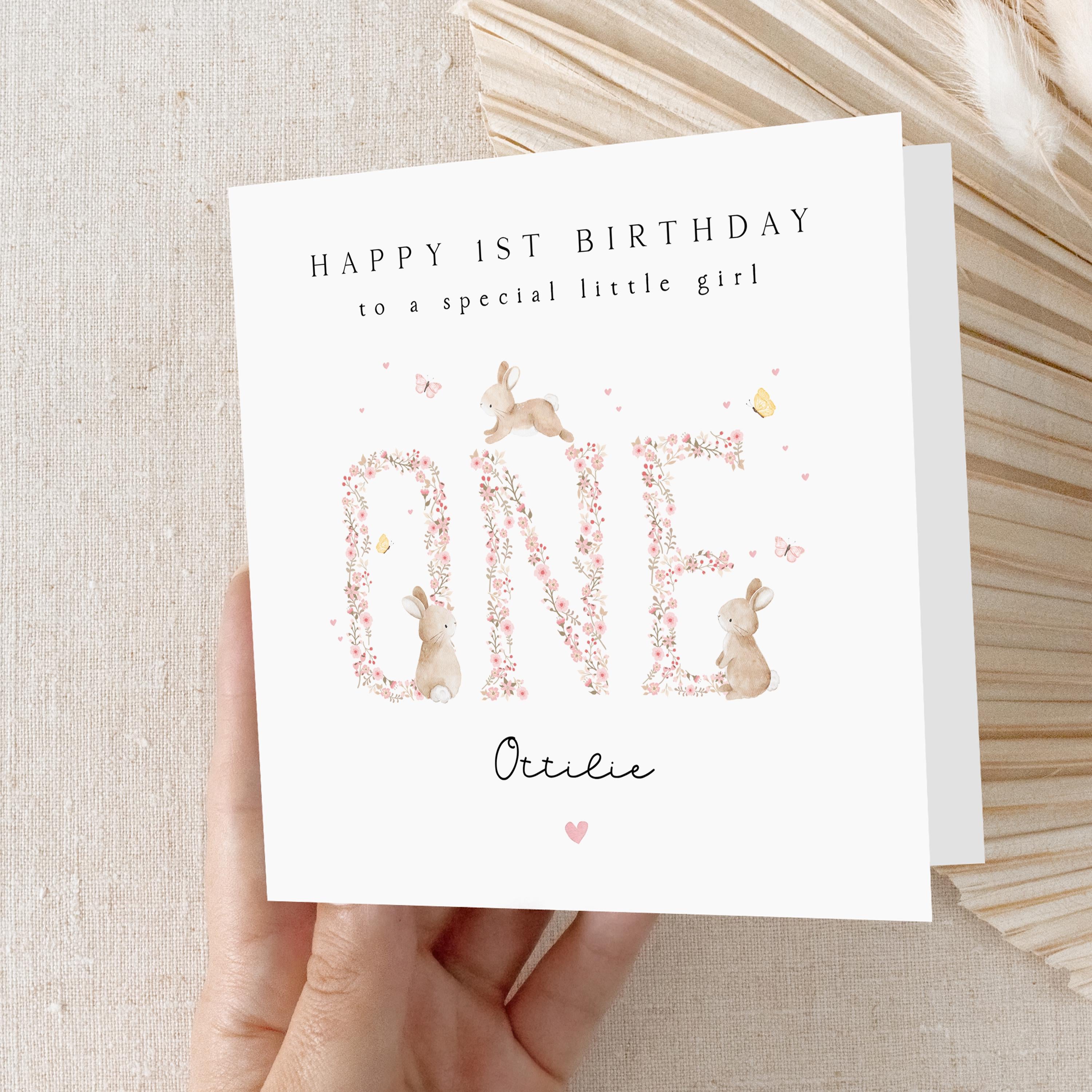 Personalised 1st Birthday Card, Girls 1st Birthday Card, Bunny First Birthday, Baby&