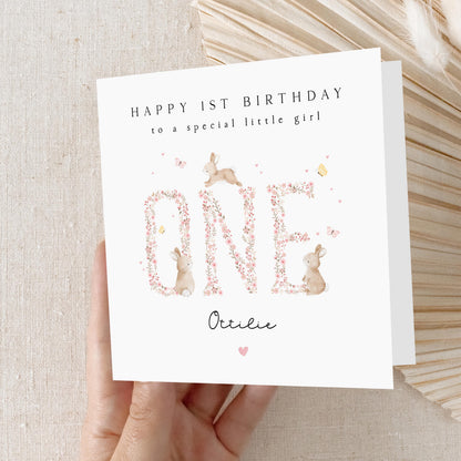 Personalised 1st Birthday Card, Girls 1st Birthday Card, Bunny First Birthday, Baby&