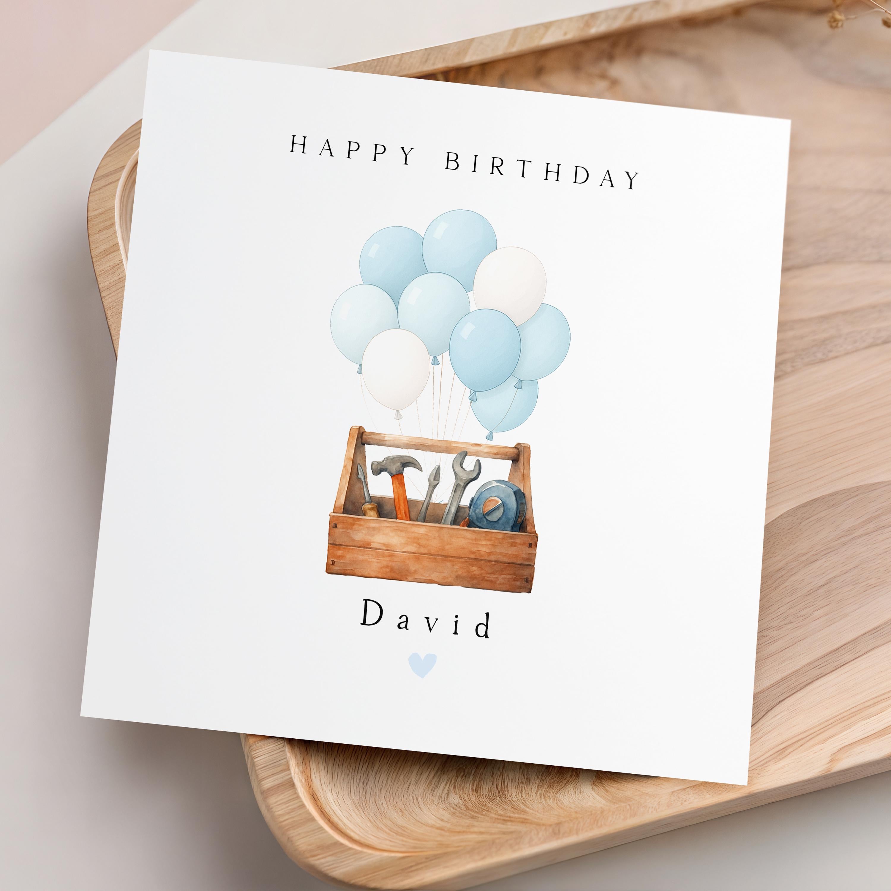 Personalised Birthday Card, Birthday For Son, Boyfriend, Dad, Birthday Gift For Him, Tool Box &amp; Balloons- Kraft Envelope