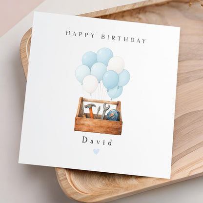 Personalised Birthday Card, Birthday For Son, Boyfriend, Dad, Birthday Gift For Him, Tool Box &amp; Balloons- Kraft Envelope