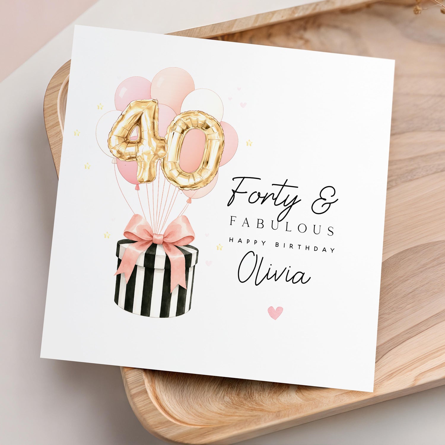 Personalised 40th Birthday Card, Special Milestone Card, Birthday Card For Daughter, Friend, Niece, Pink  Balloons, Hat Box, 40 &amp; Fabulous