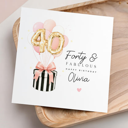 Personalised 40th Birthday Card, Special Milestone Card, Birthday Card For Daughter, Friend, Niece, Pink  Balloons, Hat Box, 40 &amp; Fabulous