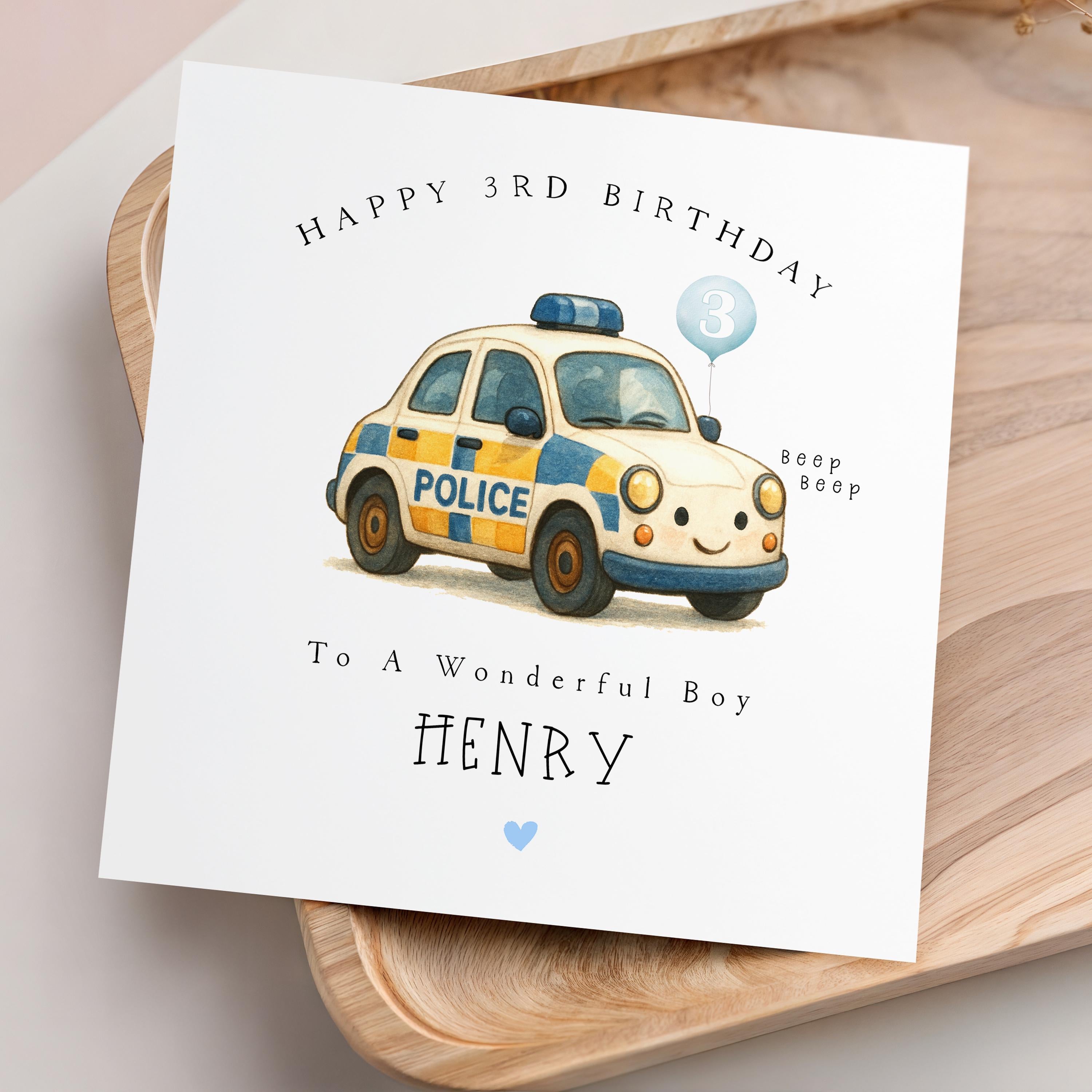 Personalised Boys Birthday Card, Police Car, Leave Any Name and Age, Birthday For Son, Nephew, Grandson, Friend
