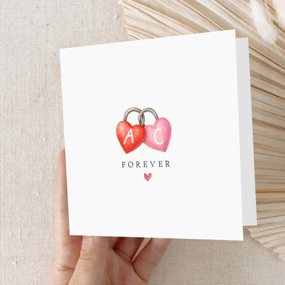 Valentines Day Card Personalised, Forever Card, Card For Husband, Wife, Boyfriend, Romantic Card, Initials Card, Cute Love Hearts Padlock