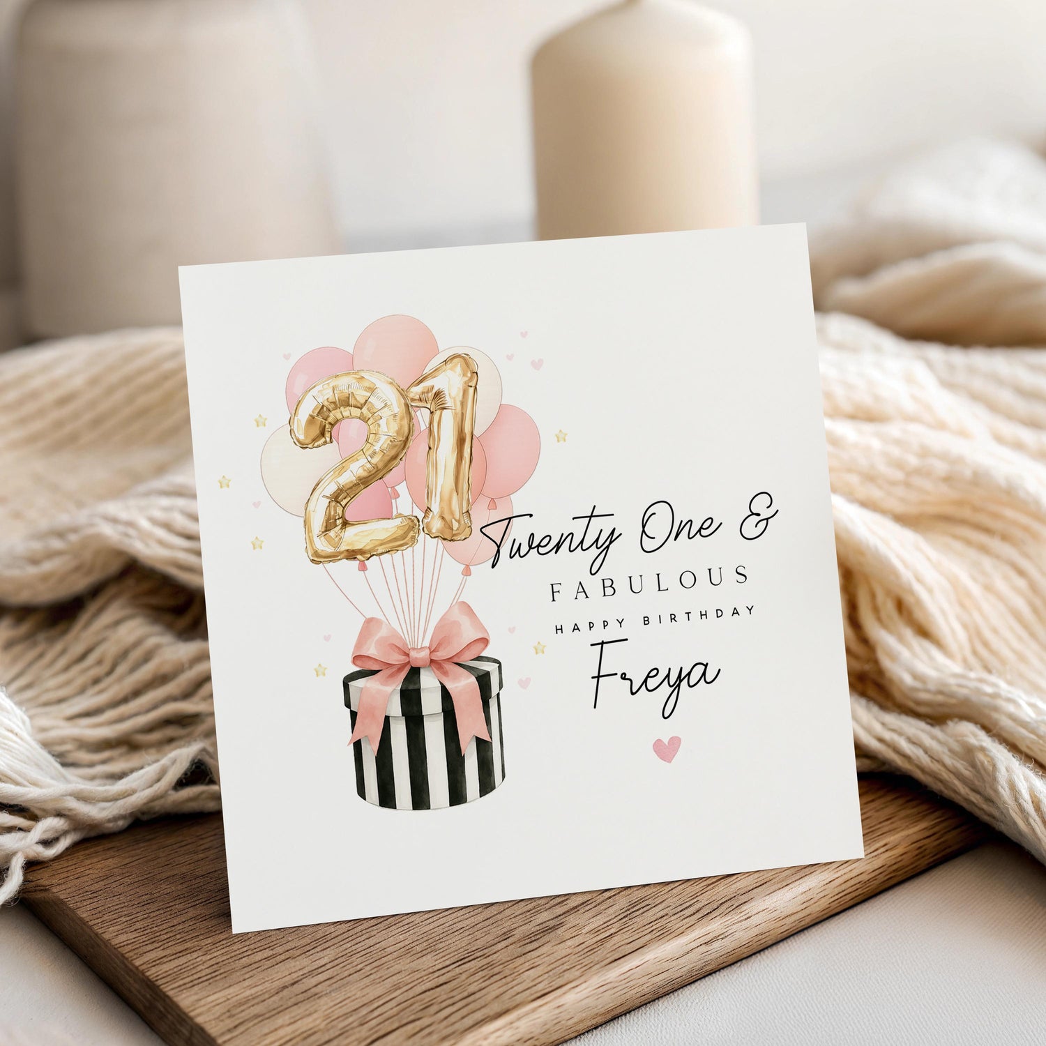 Personalised 21st Birthday Card, Special Milestone Card, Birthday For Daughter, Wife, Black White Hatbox, Gold Balloons 21, Twenty One