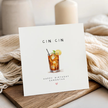Personalised Birthday Card, Cin Cin Long Island Iced Tea Cocktail Card, Daughter, Granddaughter, Sister, Niece  Birthday Card,Kraft Envelope