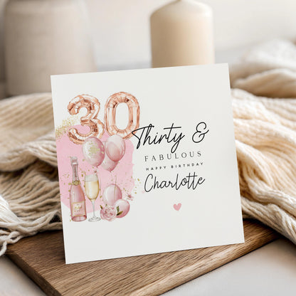 Personalised 30th Birthday Card, Special Milestone Card, For Daughter, Friend, Niece, Pink  Balloons 30, 30 &amp; Fabulous Pink Champagne
