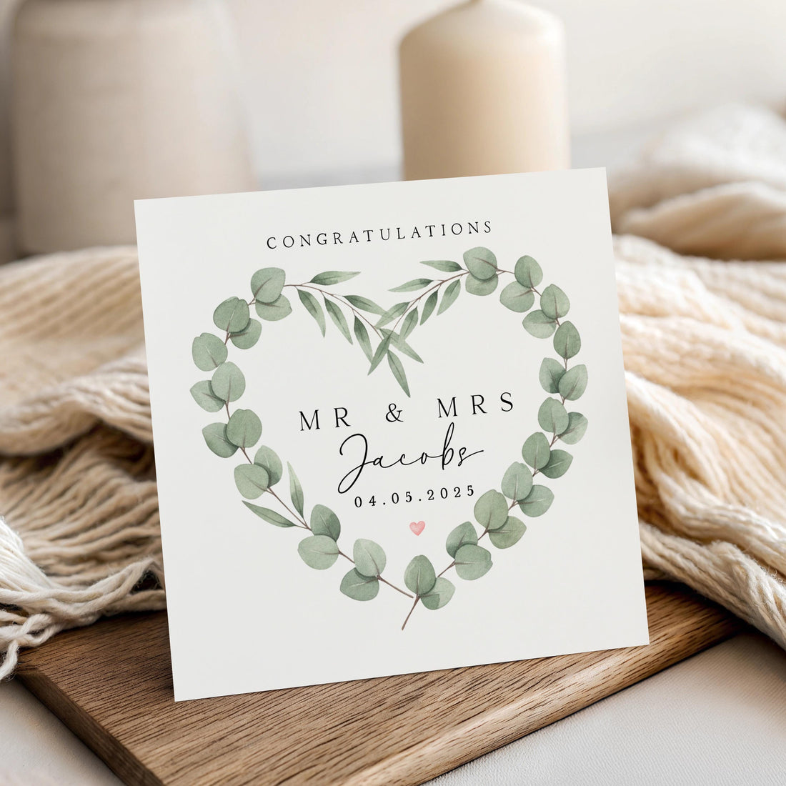 Personalised Wedding Card, Heart Wreath Botanical Greenery, Anniversary Card, Newlyweds, Engagement Card, Wedding Handmade Gift, Eucalyptus