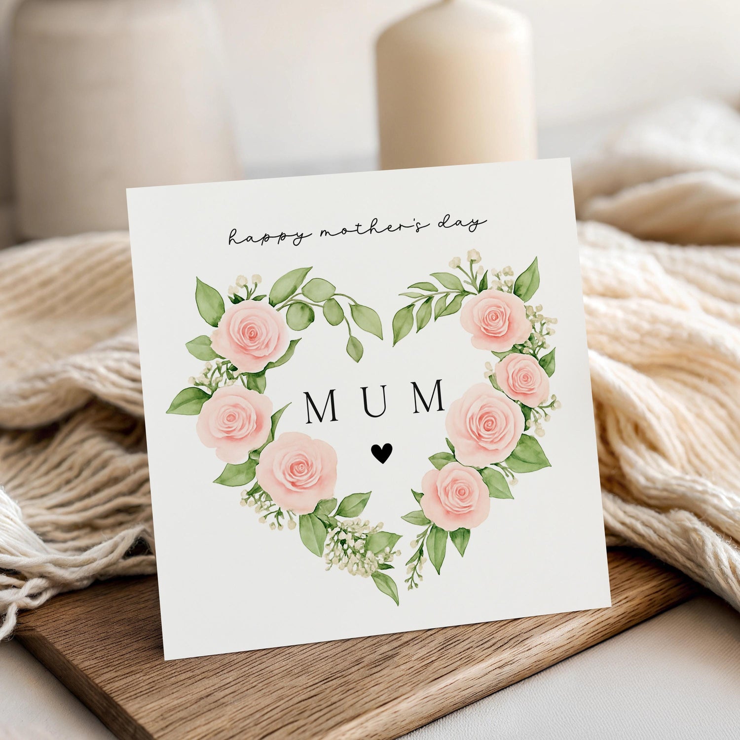 Mothers Day Card, Flower Rose Wreath, Happy Mother&
