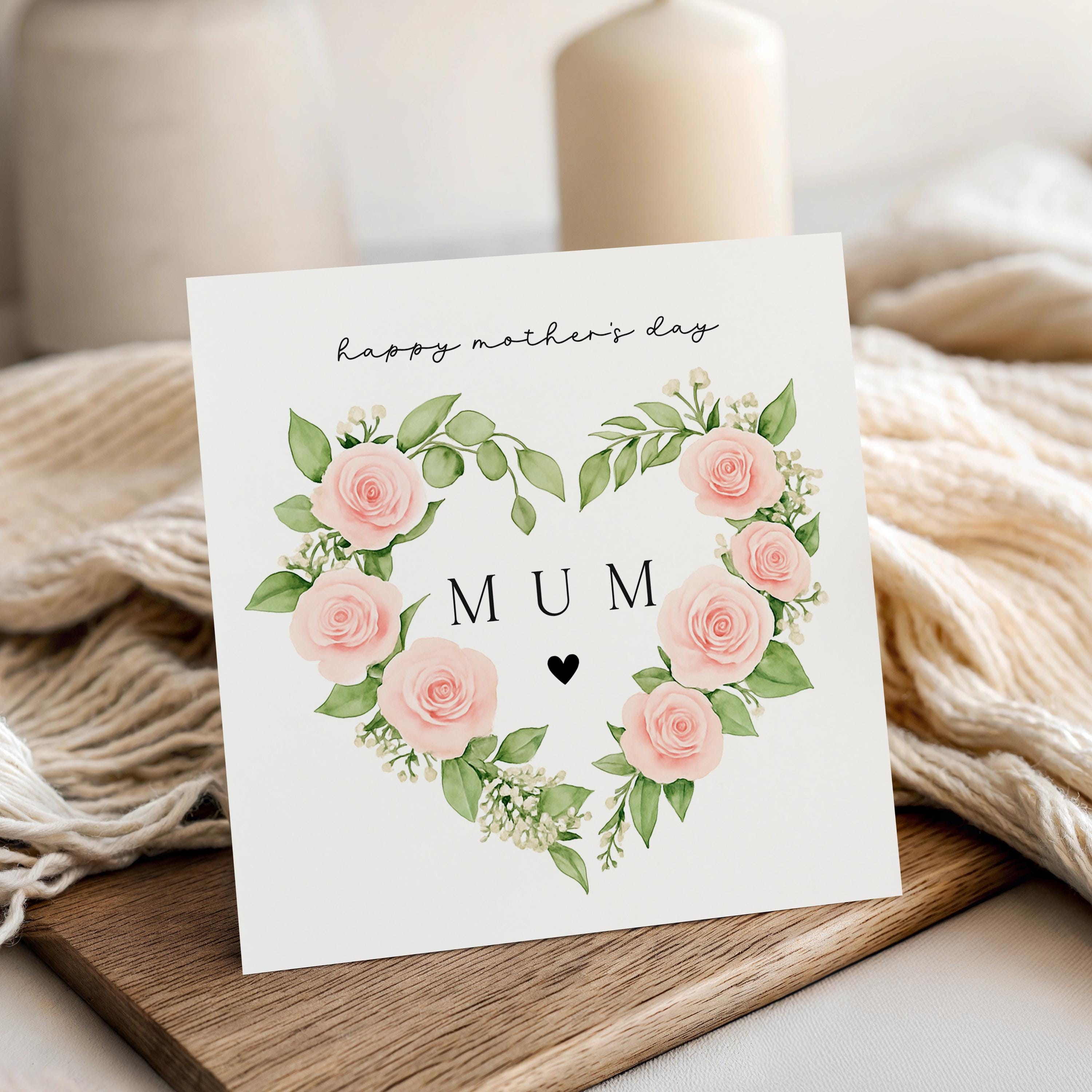 Mothers Day Card, Flower Rose Wreath, Happy Mother&
