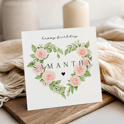 Personalised Birthday Card, Any Age, Handmade Birthday Card For Daughter, Mum, Wife, Best Friend, Pink Rose Wreath-Kraft Envelope