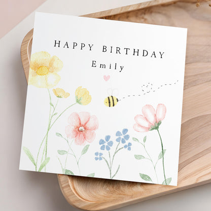 Personalised Birthday Card, Girls Birthday Cards, Floral Flowers Card, Mum, Auntie, Daughter, Granddaughter, Niece Birthday Card, Bee Card