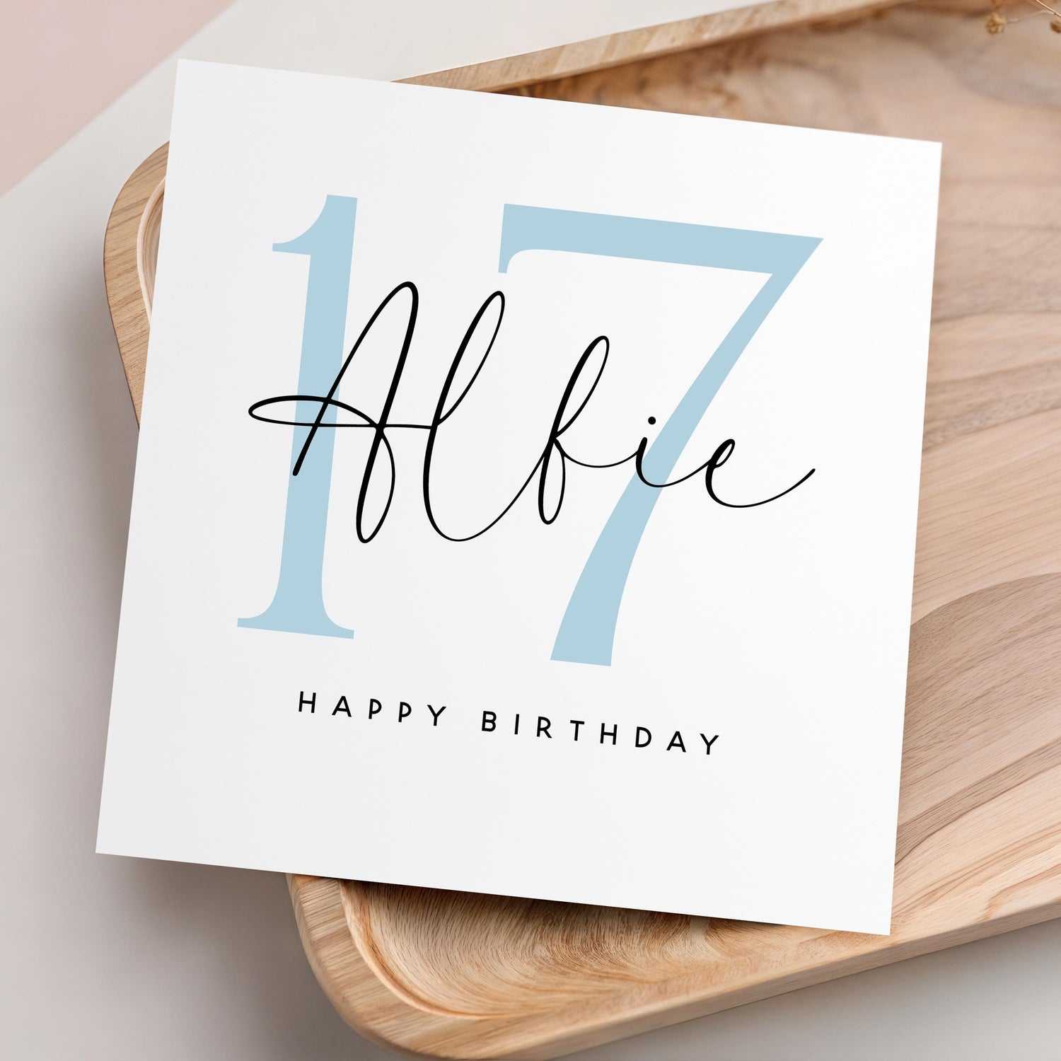 Personalised 17th Birthday Card, Special Milestone Card For Him, Birthday For Son, Grandson ,Nephew, Script &amp; Blue 17, Seventeen Minimal