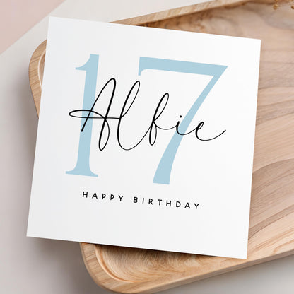 Personalised 17th Birthday Card, Special Milestone Card For Him, Birthday For Son, Grandson ,Nephew, Script &amp; Blue 17, Seventeen Minimal