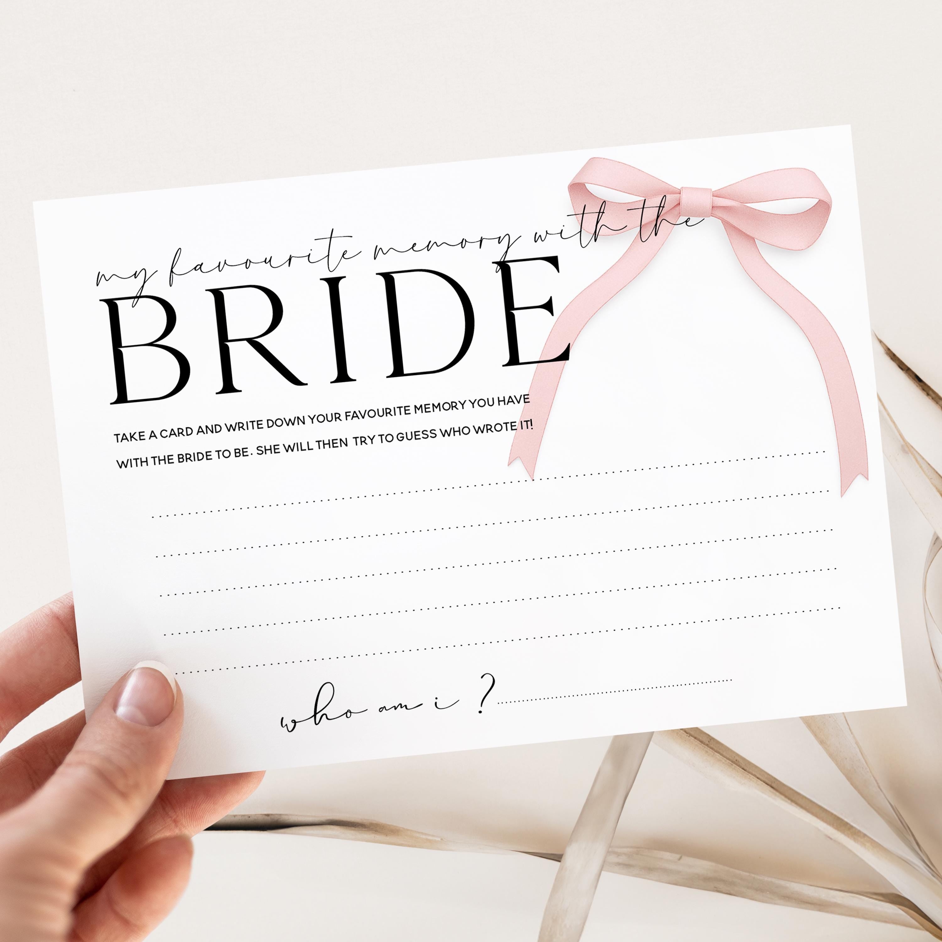 Advice To Bride Cards, Hen Party Games, Hen Party Favours, Hen Do Games, Who Knows The Bride Best, Memory With Bride, Pink Bow Theme