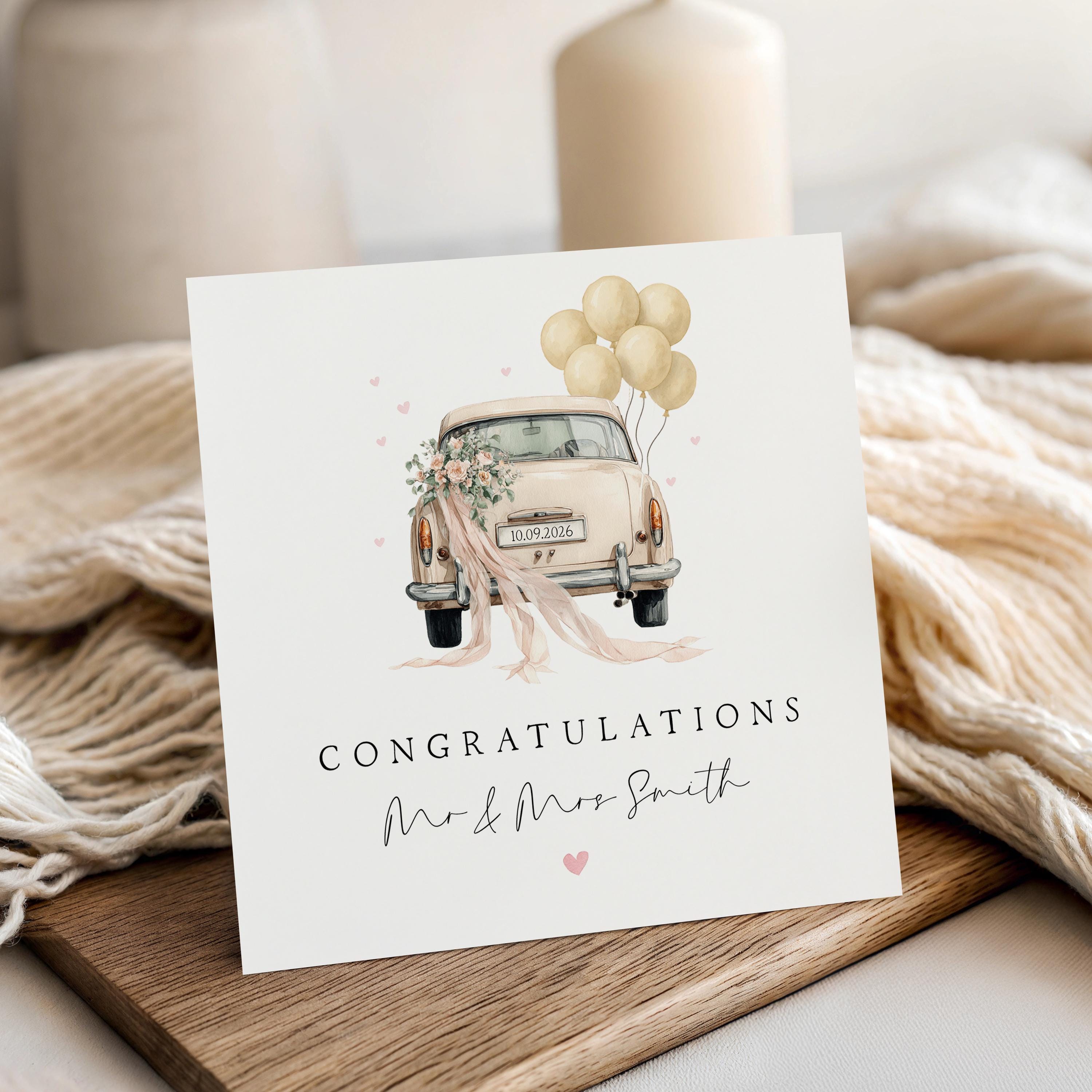 Wedding Card Personalised ,Just Married, Wedding Gift, Wedding Car Vintage, Newlyweds, Mr and Mrs, Custom Date, Congratulations