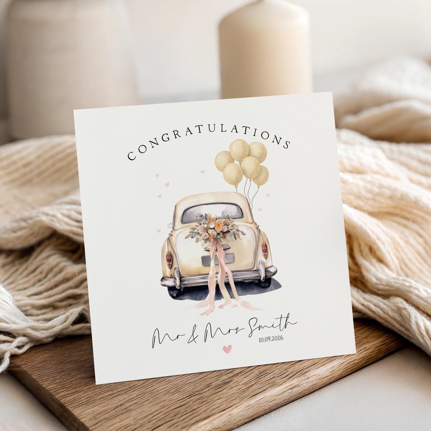 Wedding Card Personalised ,Wedding Car Vintage, Just Married, Wedding Gift, , Newlyweds, Mr and Mrs, Custom Date, Congratulations, Balloons