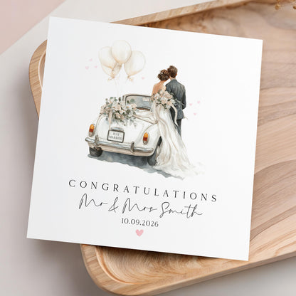 Personalised Wedding Card ,Couple, Wedding Car Vintage, Just Married, Wedding Gift, Newlyweds, Mr and Mrs, Custom Date, Congratulations