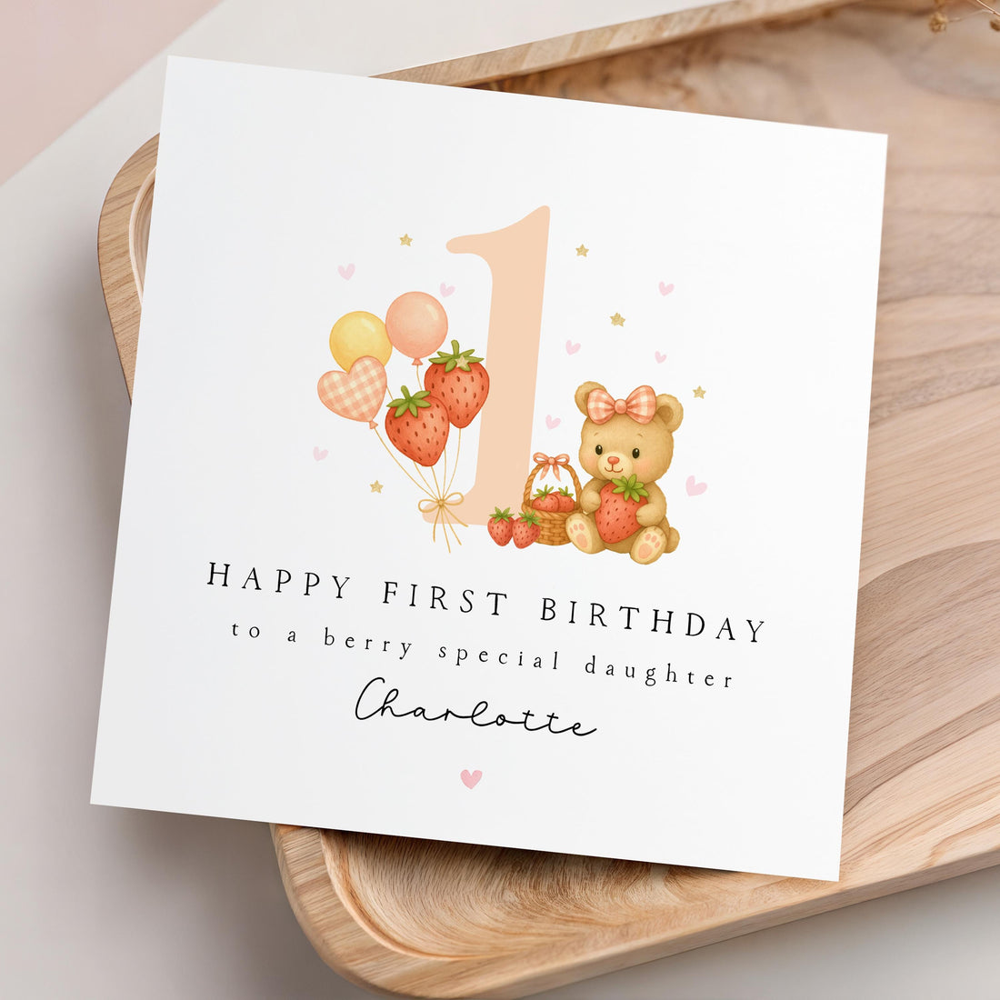 Personalised First Birthday Card, Strawberry 1st Birthday Card, Custom Card For Baby Girl, Daughter, Granddaughter, Niece, Goddaughter, Bear