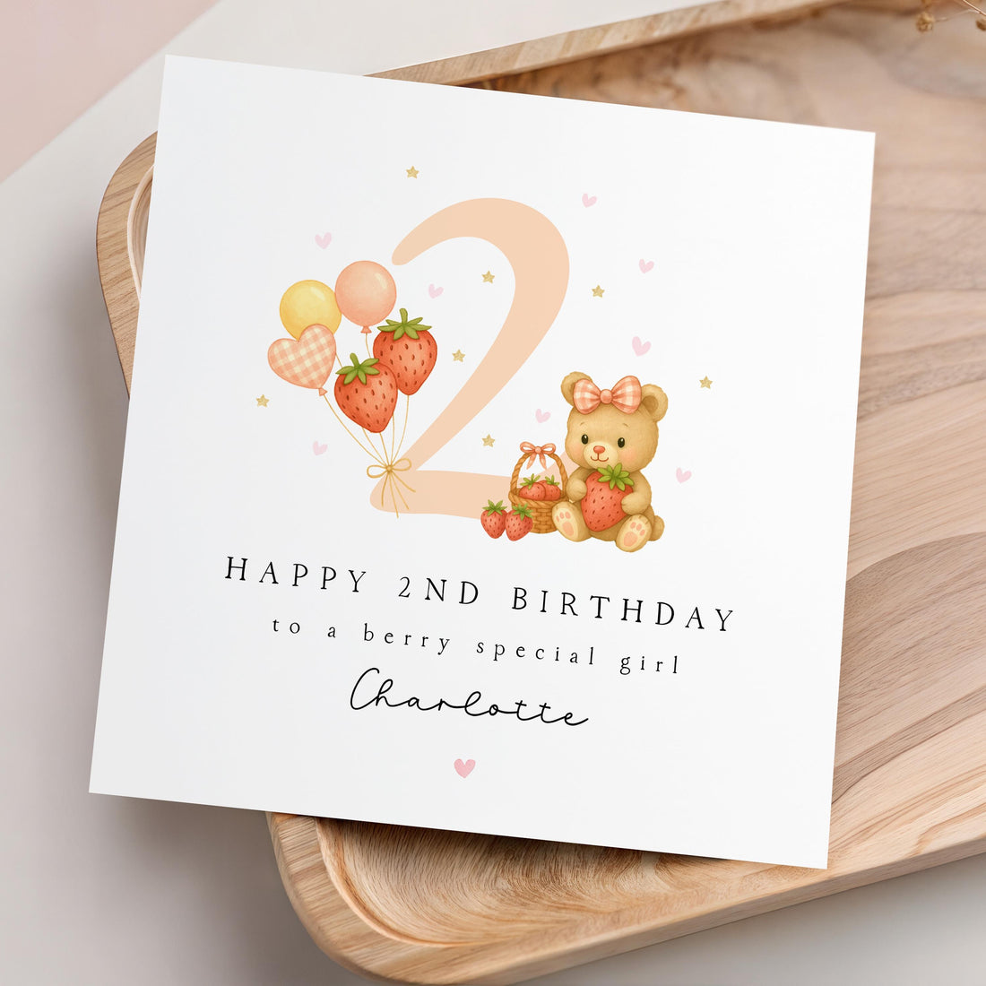 Personalised Second Birthday Card, Strawberry 2nd Custom Birthday Card, For Baby Girl, Daughter, Granddaughter, Niece, Goddaughter, Bear