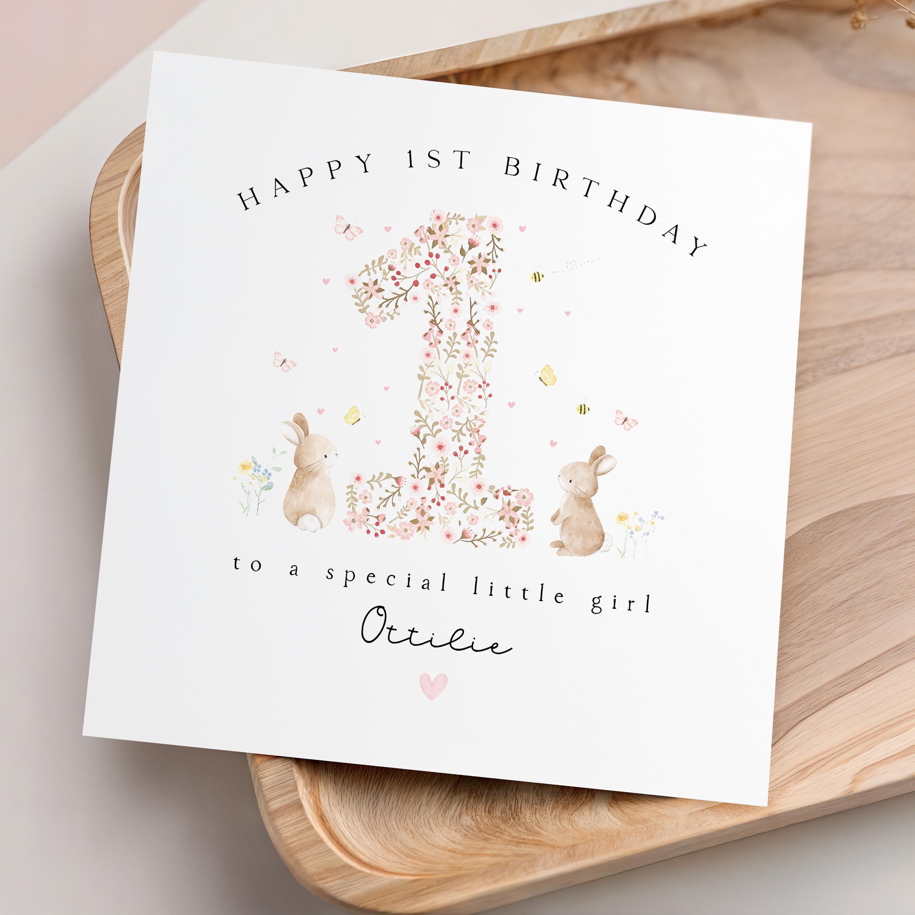 Personalised 1st Birthday Card, Girls 1st Birthday Card, Pink Bunny First Birthday, Baby&