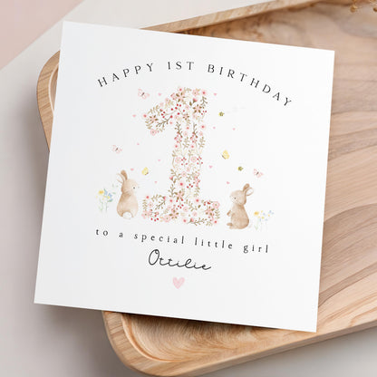 Personalised 1st Birthday Card, Girls 1st Birthday Card, Pink Bunny First Birthday, Baby&