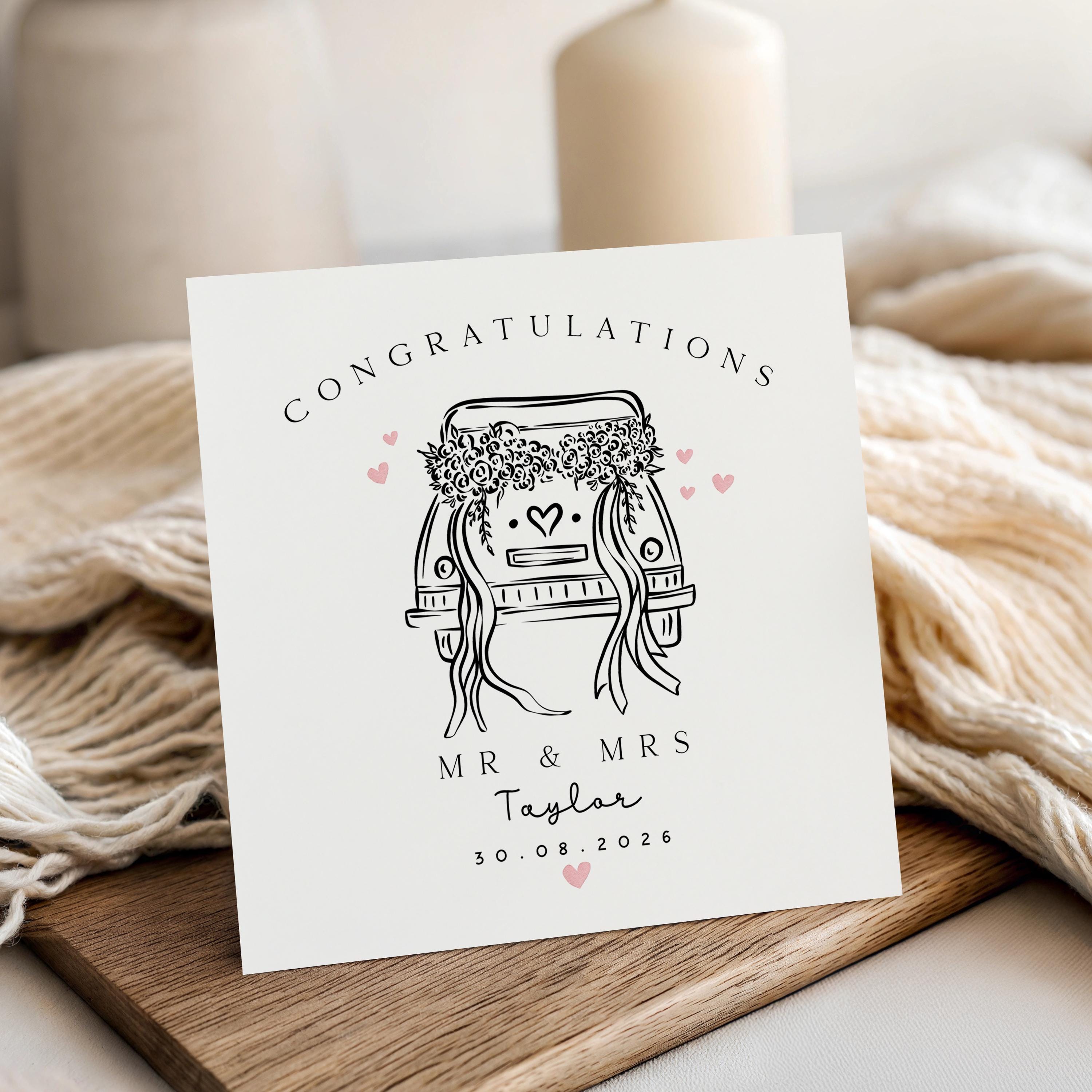 Personalised Wedding Card ,Couple, Wedding Car Doodle, Heart, Just Married, Wedding Gift, Newlyweds, Mr &amp; Mrs, Custom Name, Congratulations