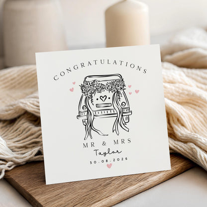 Personalised Wedding Card ,Couple, Wedding Car Doodle, Heart, Just Married, Wedding Gift, Newlyweds, Mr &amp; Mrs, Custom Name, Congratulations