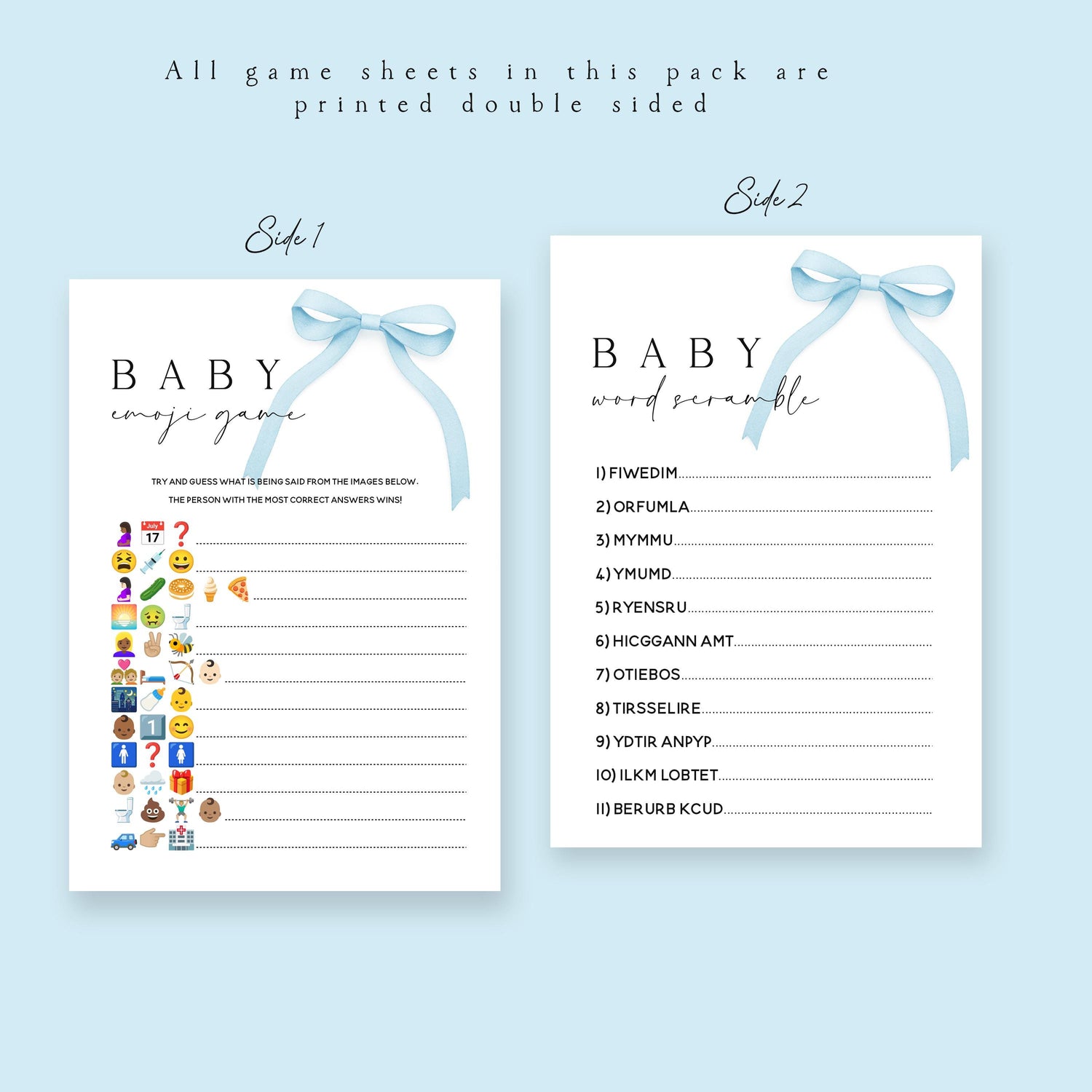 Baby Shower Games Bundle-6 Pack-Blue Coquette Bow Theme - New Mum To Be, Baby Boy