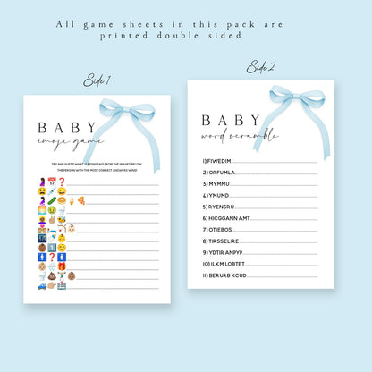 Baby Shower Games Bundle-6 Pack-Blue Coquette Bow Theme - New Mum To Be, Baby Boy