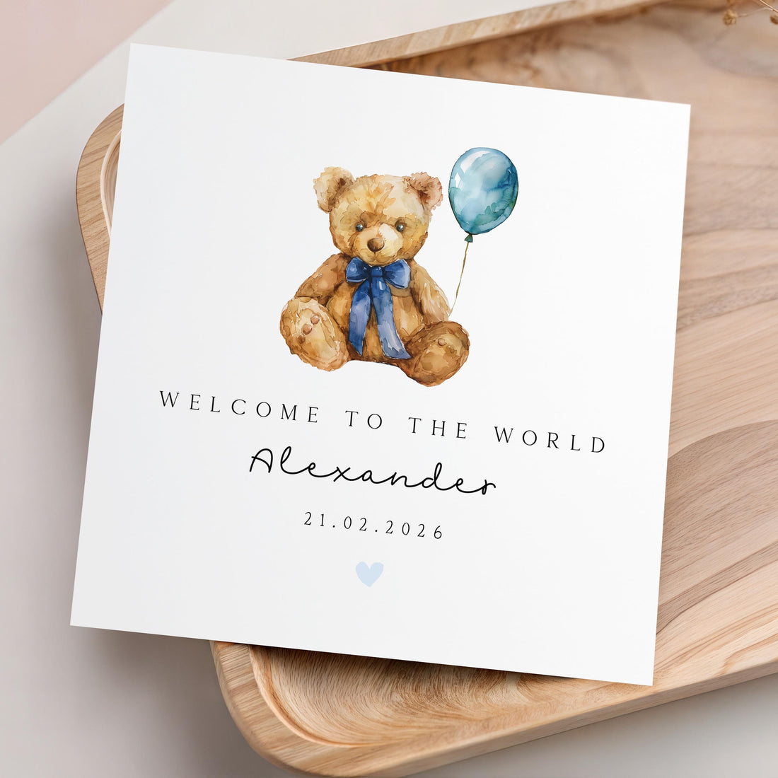 Personalised New Baby Card, Welcome To The World Card, Blue Teddy Bear Design, Newborn Baby Boy, Congratulations New Parents, Kraft Envelope