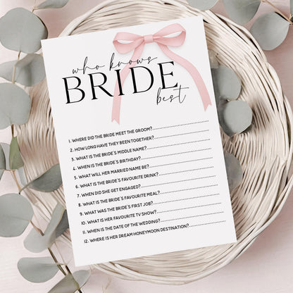 Advice To Bride Cards, Hen Party Games, Hen Party Favours, Hen Do Games, Who Knows The Bride Best, Memory With Bride, Pink Bow Theme