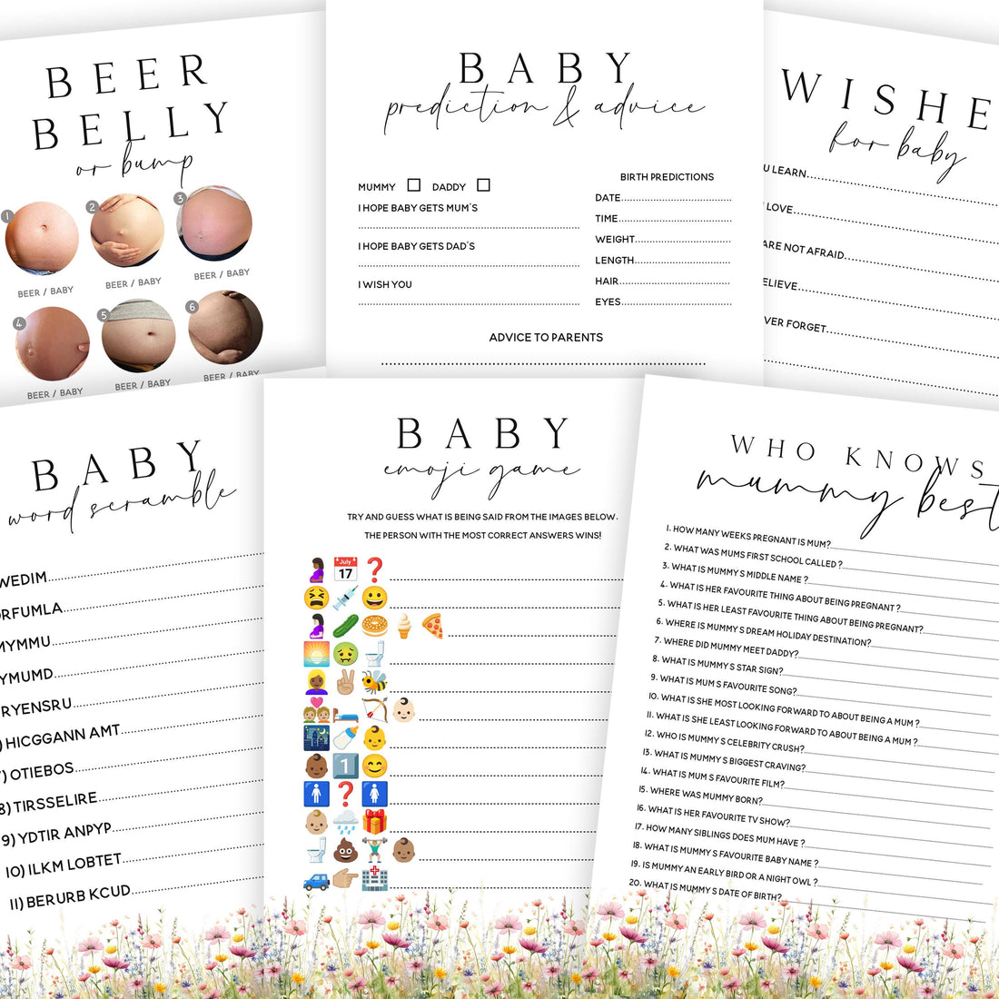 Baby Shower Games Bundle-6 Pack-Wild Flower Theme - New Mum To Be, Baby Girl
