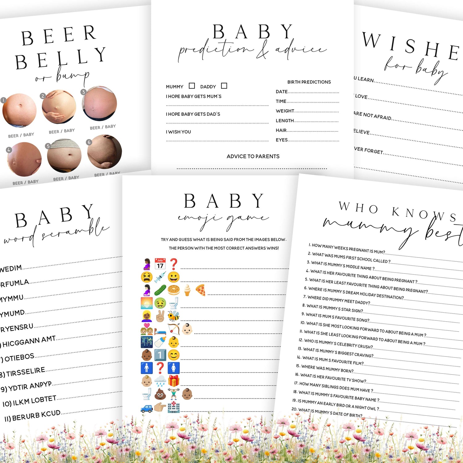 Baby Shower Games Bundle-6 Pack-Wild Flower Theme - New Mum To Be, Baby Girl
