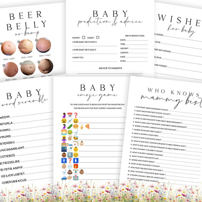 Baby Shower Games Bundle-6 Pack-Wild Flower Theme - New Mum To Be, Baby Girl