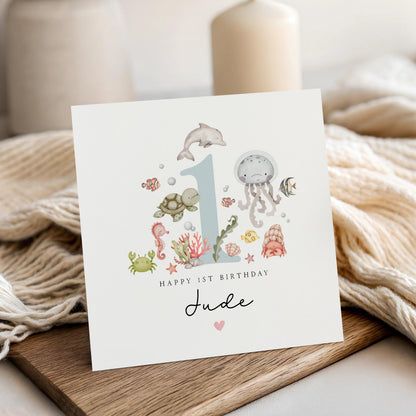 Personalised 1st Birthday Card Cute Under the Sea Birthday Card, Third Birthday, Turtle Octopus Narwhal Crab Design