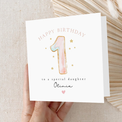 Personalised 1st Birthday Card, Baby 1st Birthday Card, Pastel First Birthday, Girl&