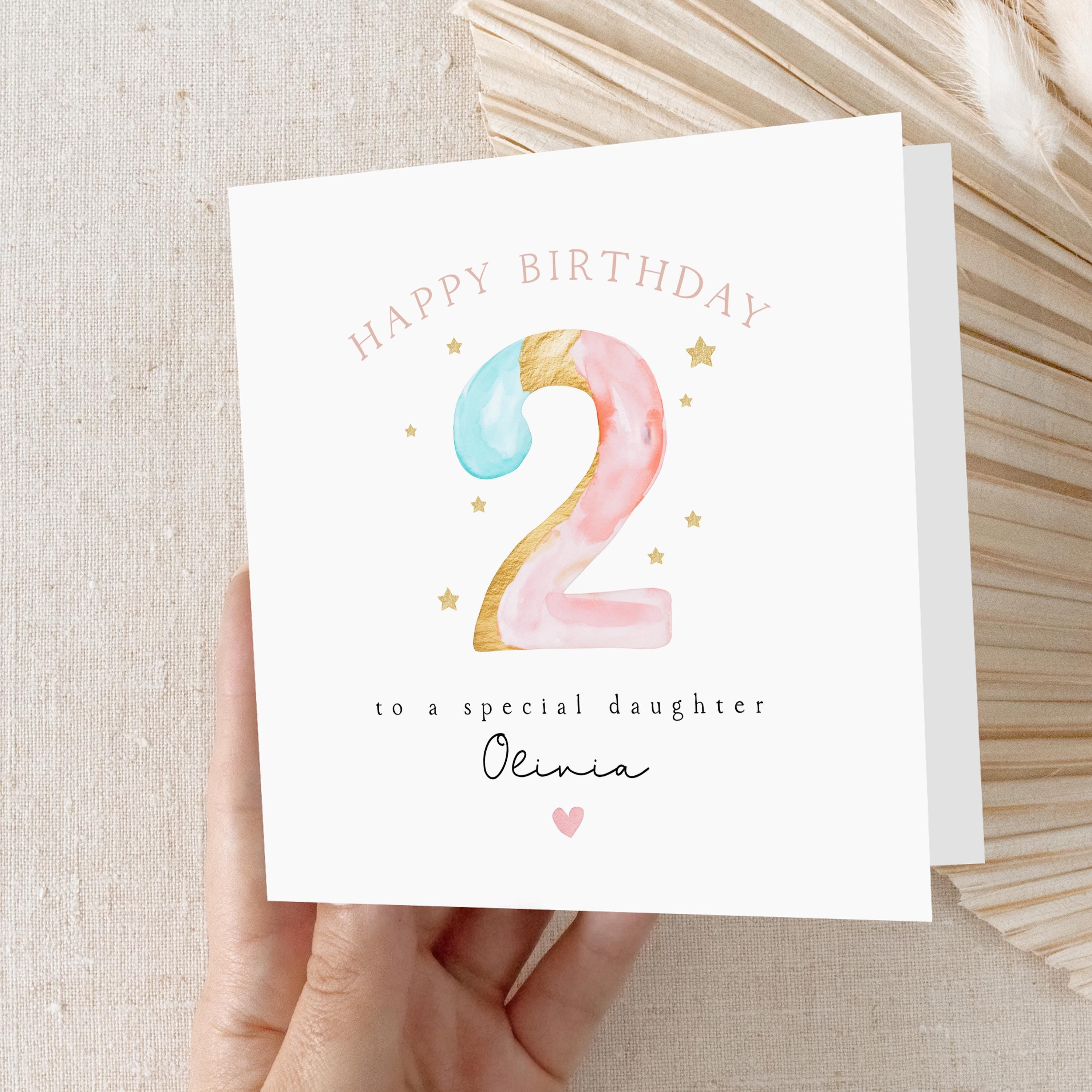 Personalised 2nd Birthday Card, Second Birthday Card, Pastel Pink 2nd Birthday, Girl&