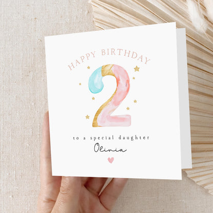 Personalised 2nd Birthday Card, Second Birthday Card, Pastel Pink 2nd Birthday, Girl&