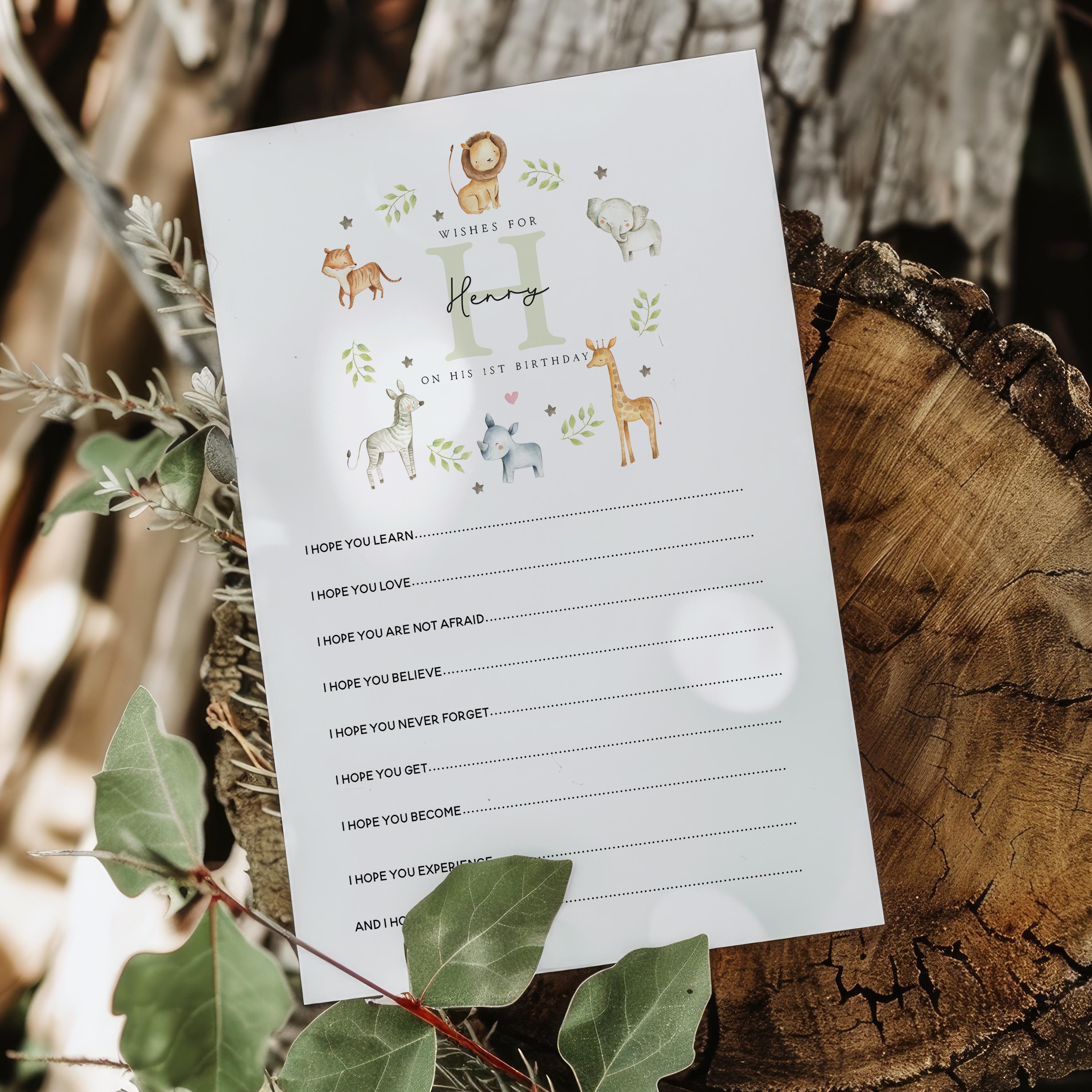 1st Birthday Wishes For baby Cards-Safari Animal Theme-Party Games-Keepsakes-Unisex