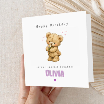 Girls Birthday Card, Personalised Birthday Card, For Daughter, Granddaughter, Sister, Niece, Cute Bear Card, Birthday Gift