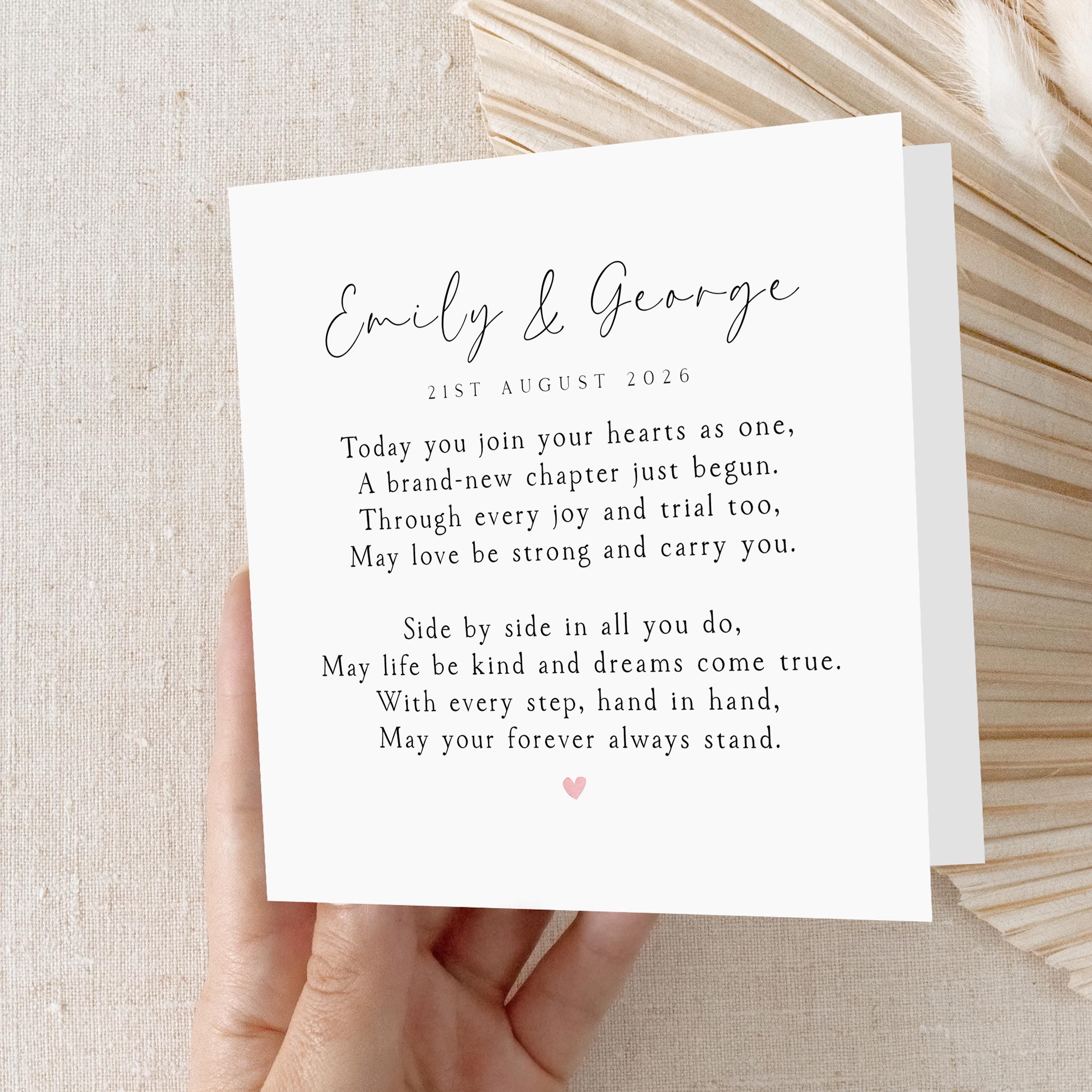 Wedding Poem Card, Personalised Verse Card, Newlyweds, Congratulations, Happy Couple, Card For Couple On Wedding Day-Minimal Heart