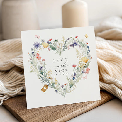 Personalised Wedding Card ,Couple, Engagement Card, Floral Heart Wreath, Anniversary Card, Wedding Gift ,Custom Date, Wildflowers