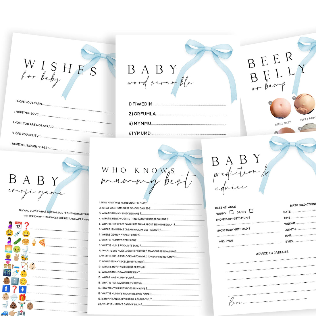Baby Shower Games Bundle-6 Pack-Blue Coquette Bow Theme - New Mum To Be, Baby Boy