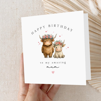 Mum Birthday Card Personalised, For Mummy, Highland Cows, Birthday Card For Her, Card For Auntie, For Grandma, Nanny Birthday, Handmade Card